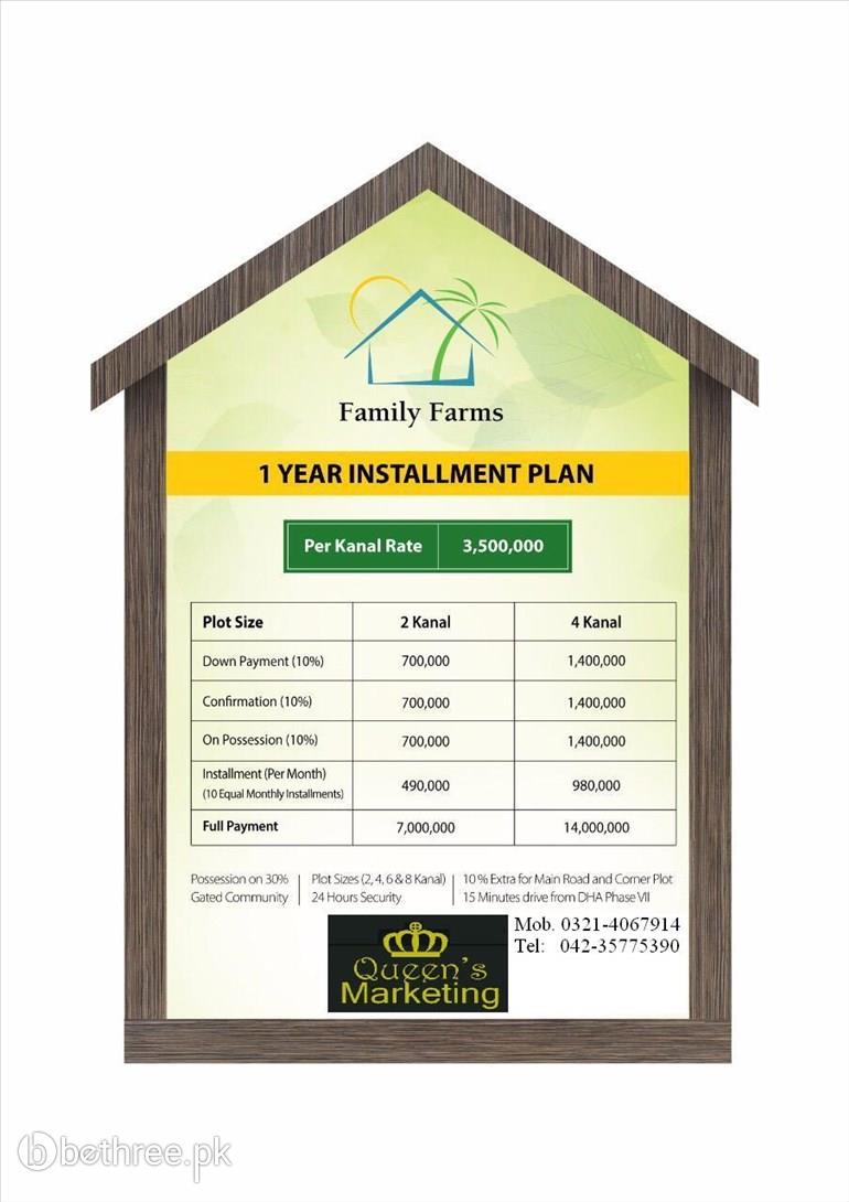 2 Kanal 4 Kanal 6 Kanal and 8 Kanal plots are available in Family Farms Lahore on installment
